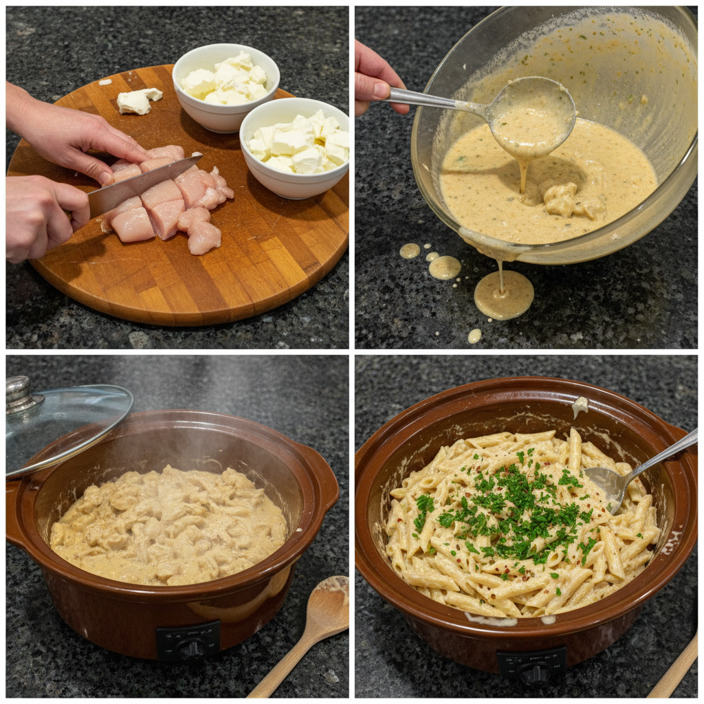 Chicken being added to the slow cooker for garlic parmesan chicken pasta.