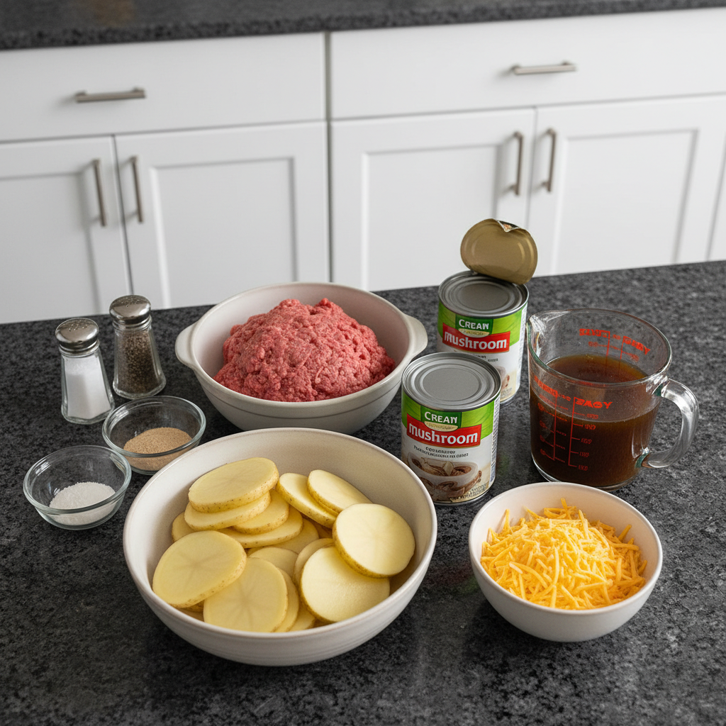 Crockpot Hamburger Potato Casserole ingredients: ground beef, potatoes, cheese, and cream of mushroom soup.
