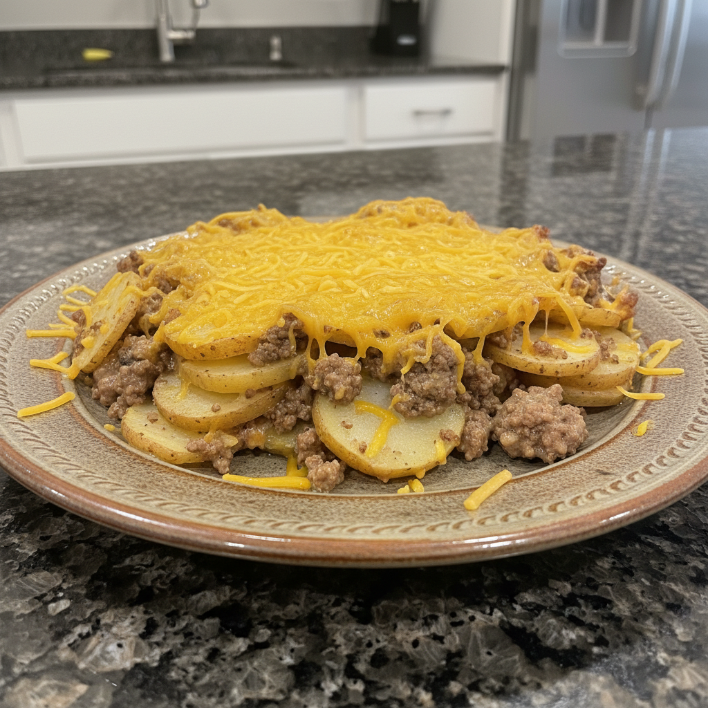 Crockpot Hamburger Potato Casserole ready to serve, bubbling hot in a slow cooker.