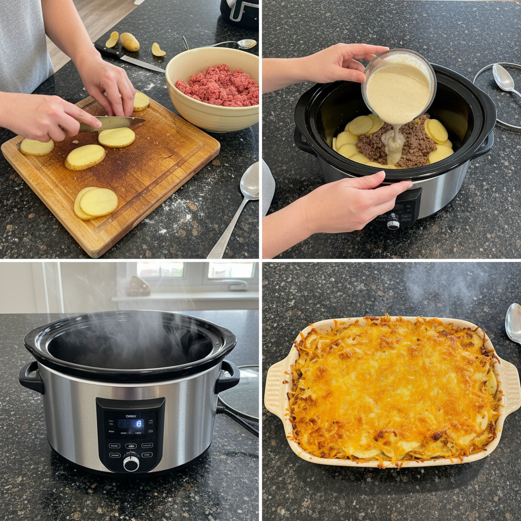 Step-by-step preparation of Crockpot Hamburger Potato Casserole in the slow cooker.