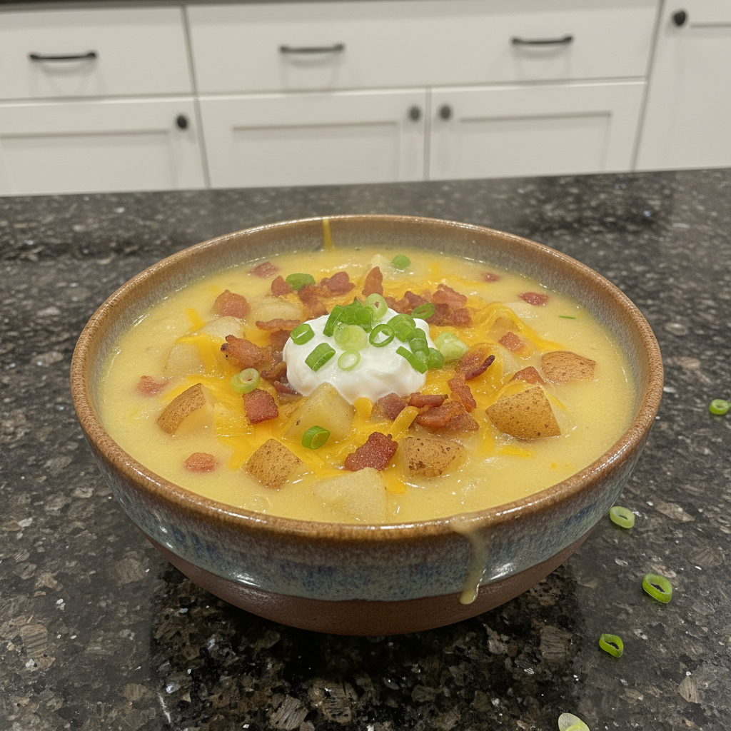 Creamy crockpot potato soup in a white bowl, topped with chives.
