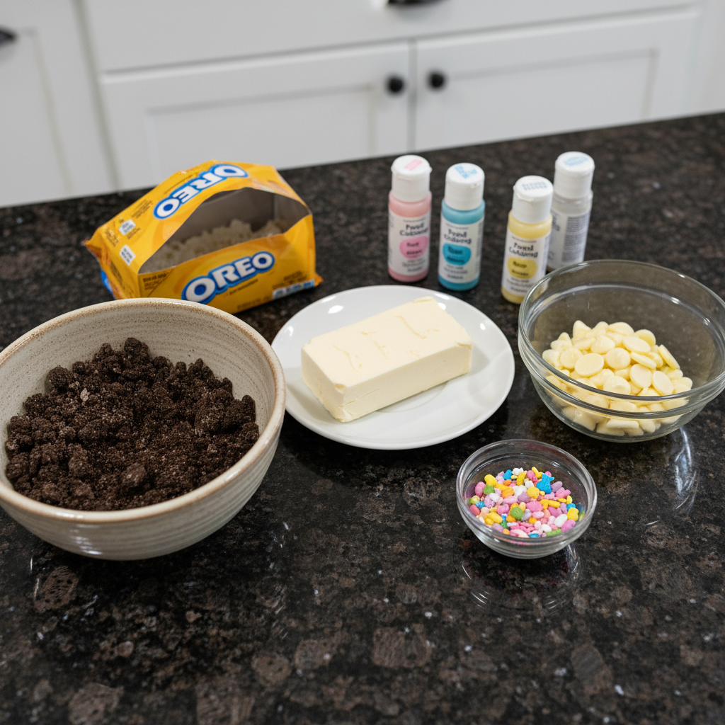 All the easter oreo truffles white chocolate ingredients laid out on a table.