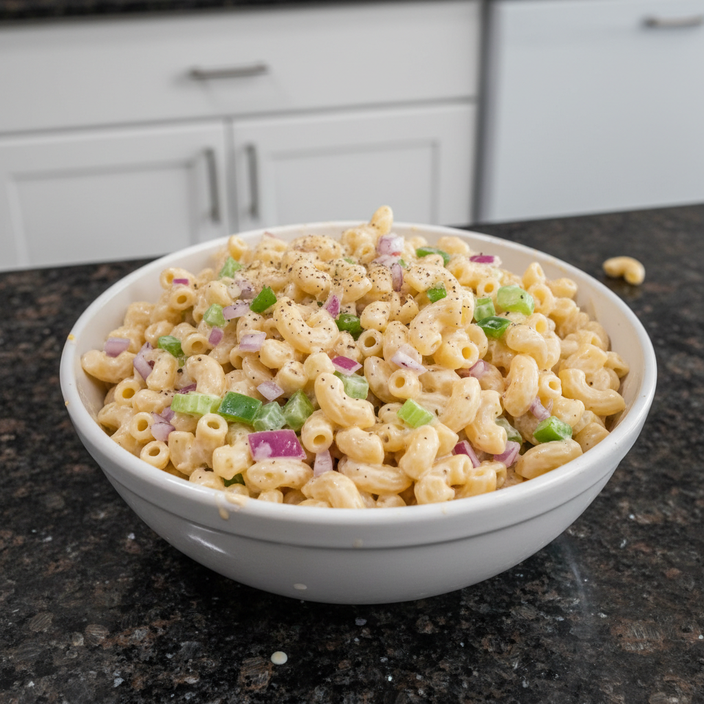 Classic easy macaroni salad in a bright bowl, ready to serve.