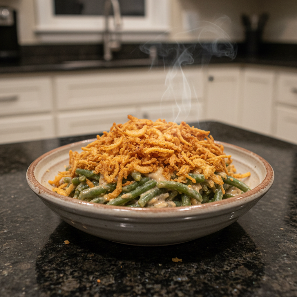 Golden brown French Onion Green Bean Casserole with crispy fried onions on top.