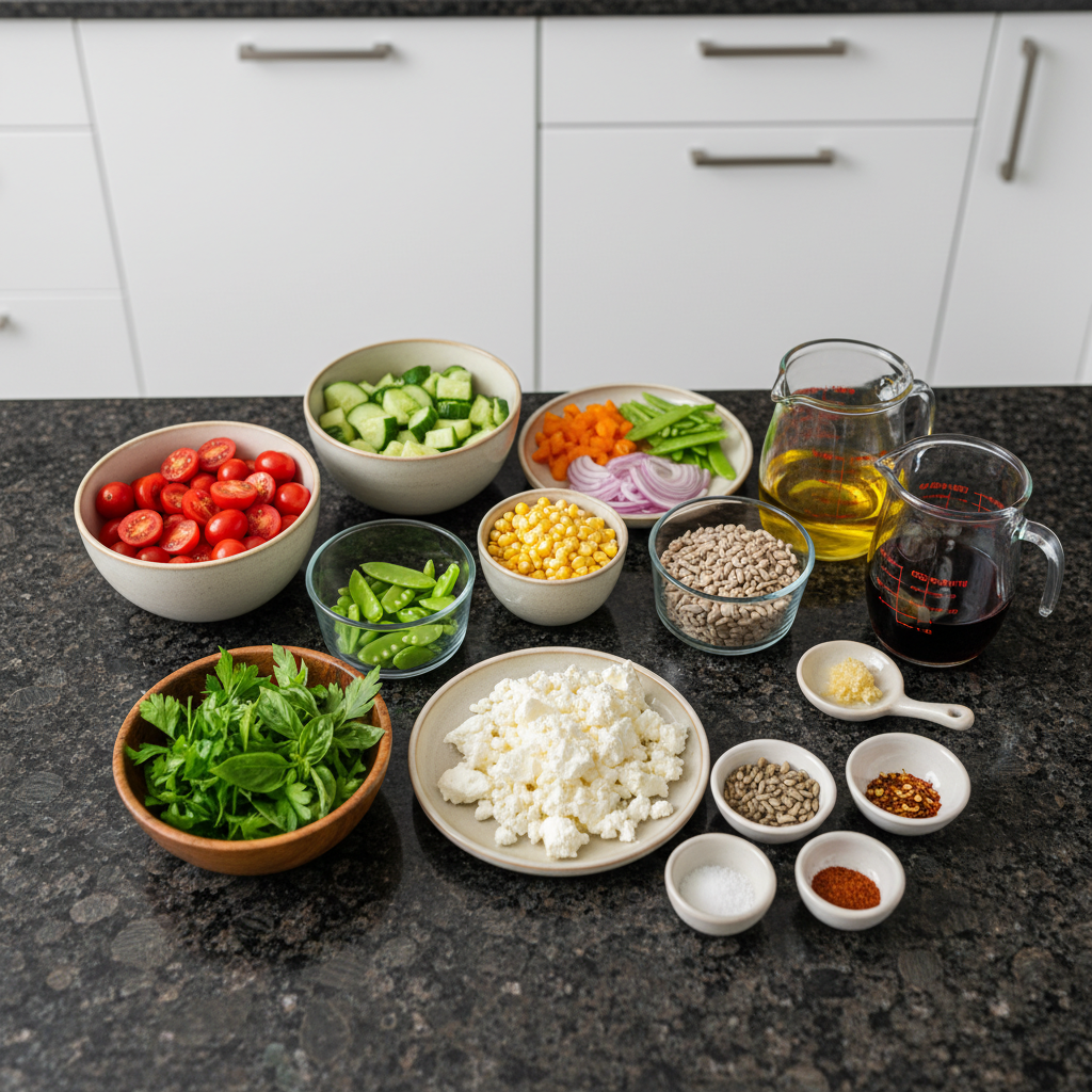 Close-up of fresh ingredients for summer salad recipes: ripe tomatoes, cucumbers, herbs.
