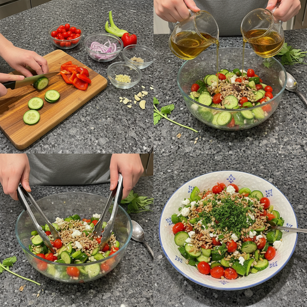 Step-by-step prep showing how to assemble fresh summer salad recipes in a kitchen setting.