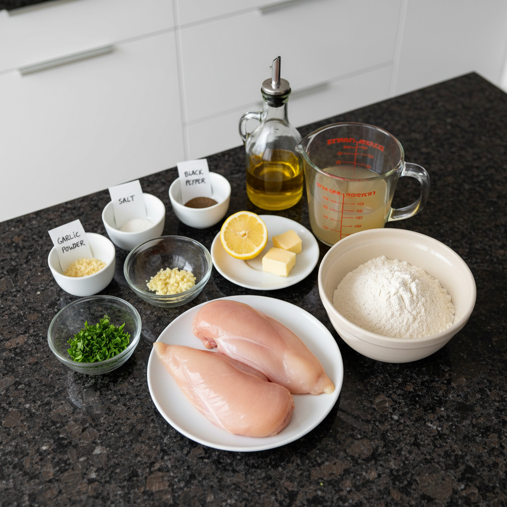 All the fresh ingredients needed to prepare delicious garlic butter chicken.