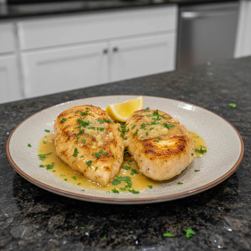 Juicy garlic butter chicken glistening on a plate, ready to be served.
