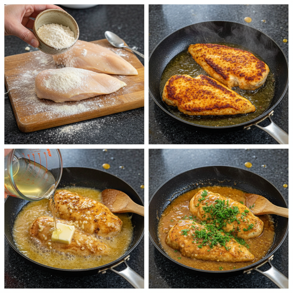 Step-by-step prep images showing how to make garlic butter chicken.