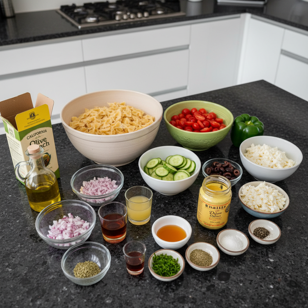 Fresh ingredients for Greek Pasta Salad, including pasta, olives, feta, and vegetables.