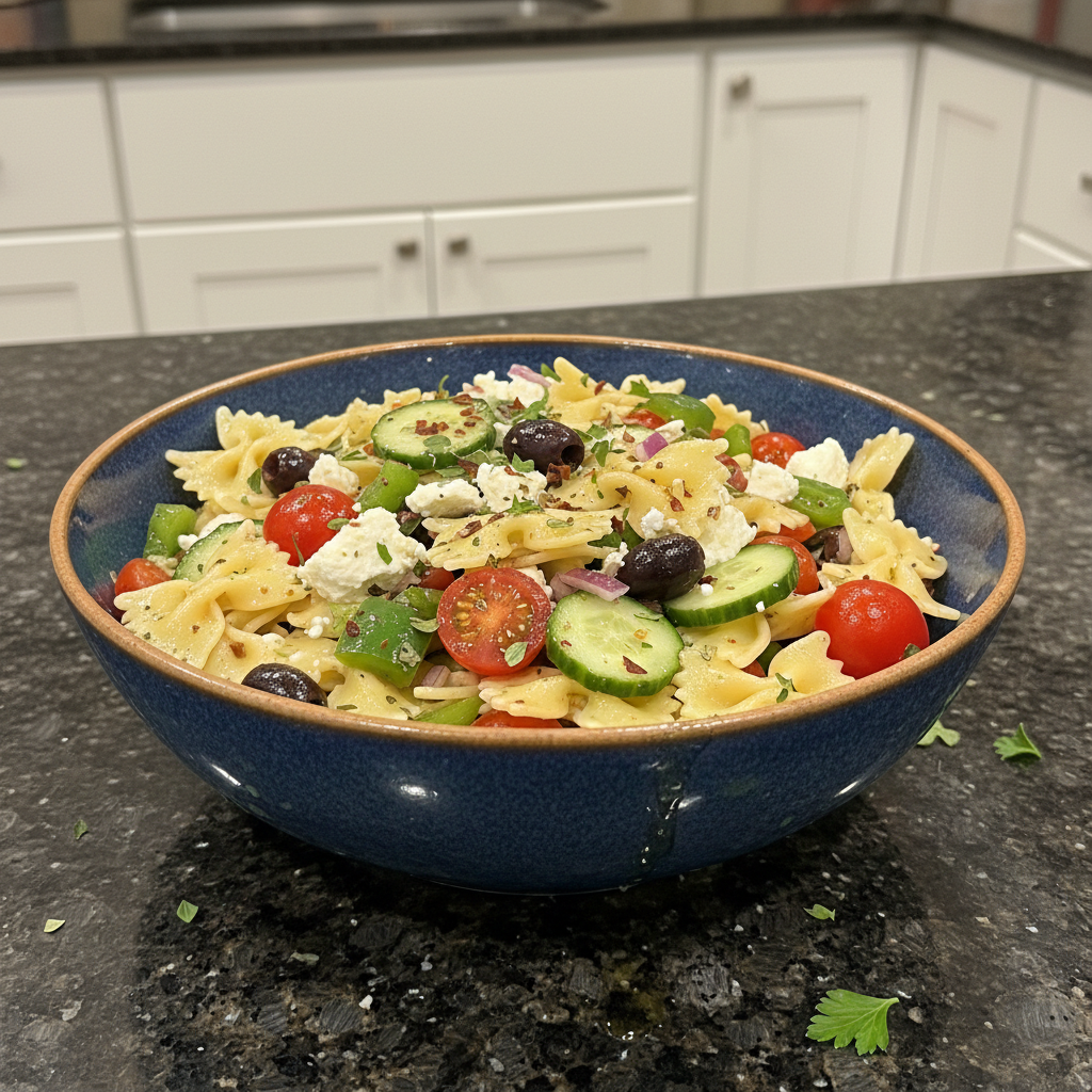 Delicious Greek Pasta Salad ready to serve, a vibrant and colorful dish.