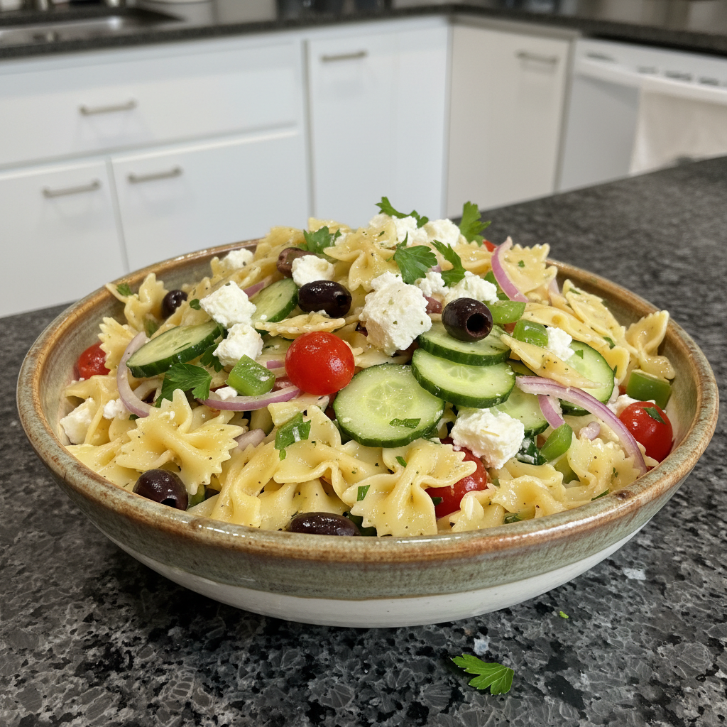 Bright and colorful Greek Pasta Salad ready to be served.