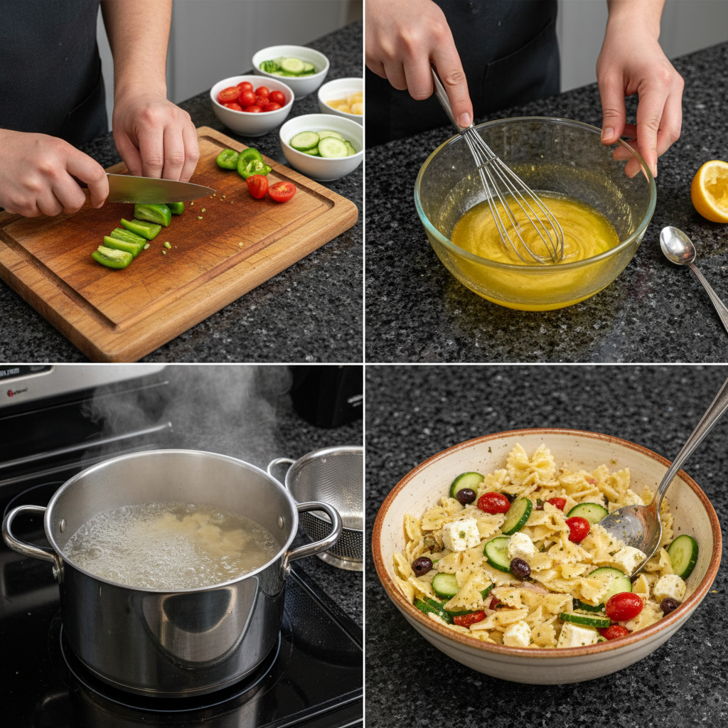 Preparing Greek Pasta Salad: mixing pasta, vegetables, and feta in a bowl.