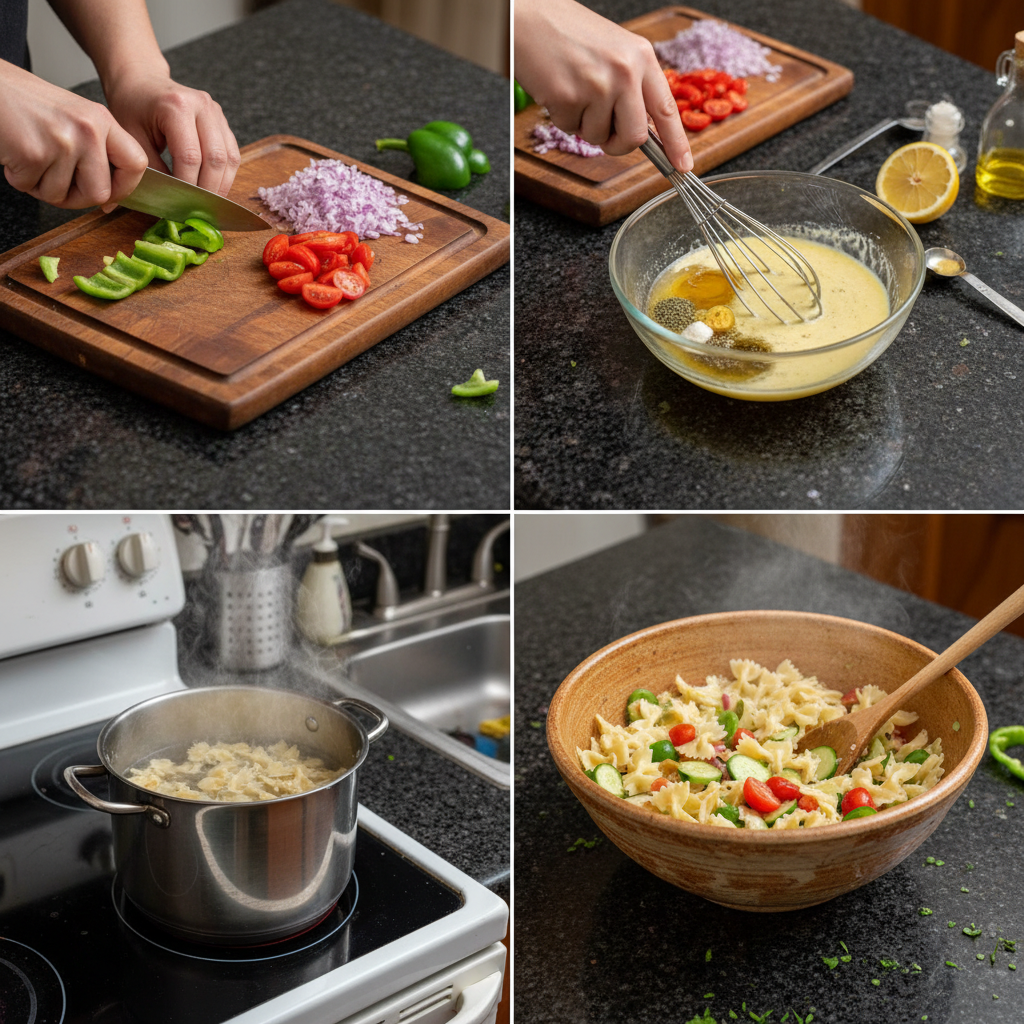 Close-up of preparing Greek Pasta Salad, tossing ingredients together.