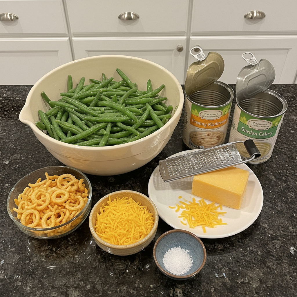 All the fresh ingredients needed for a homemade green bean casserole with cheese.