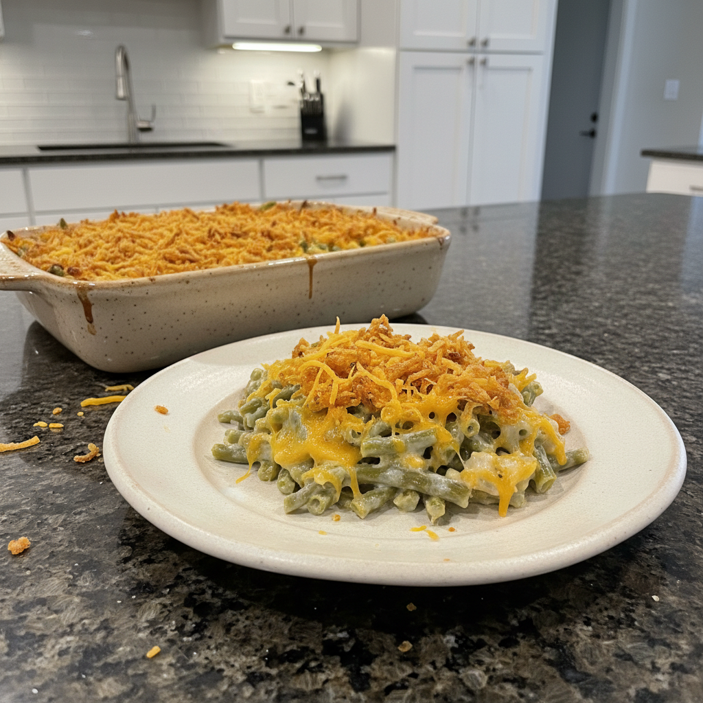 Overhead view of creamy green bean casserole with cheese bubbling in a dish.