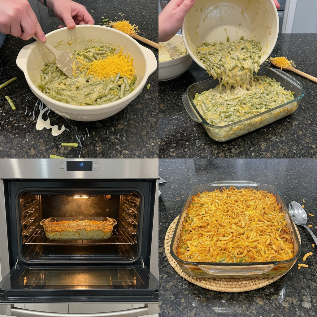 Step-by-step photos of assembling green bean casserole with cheese.