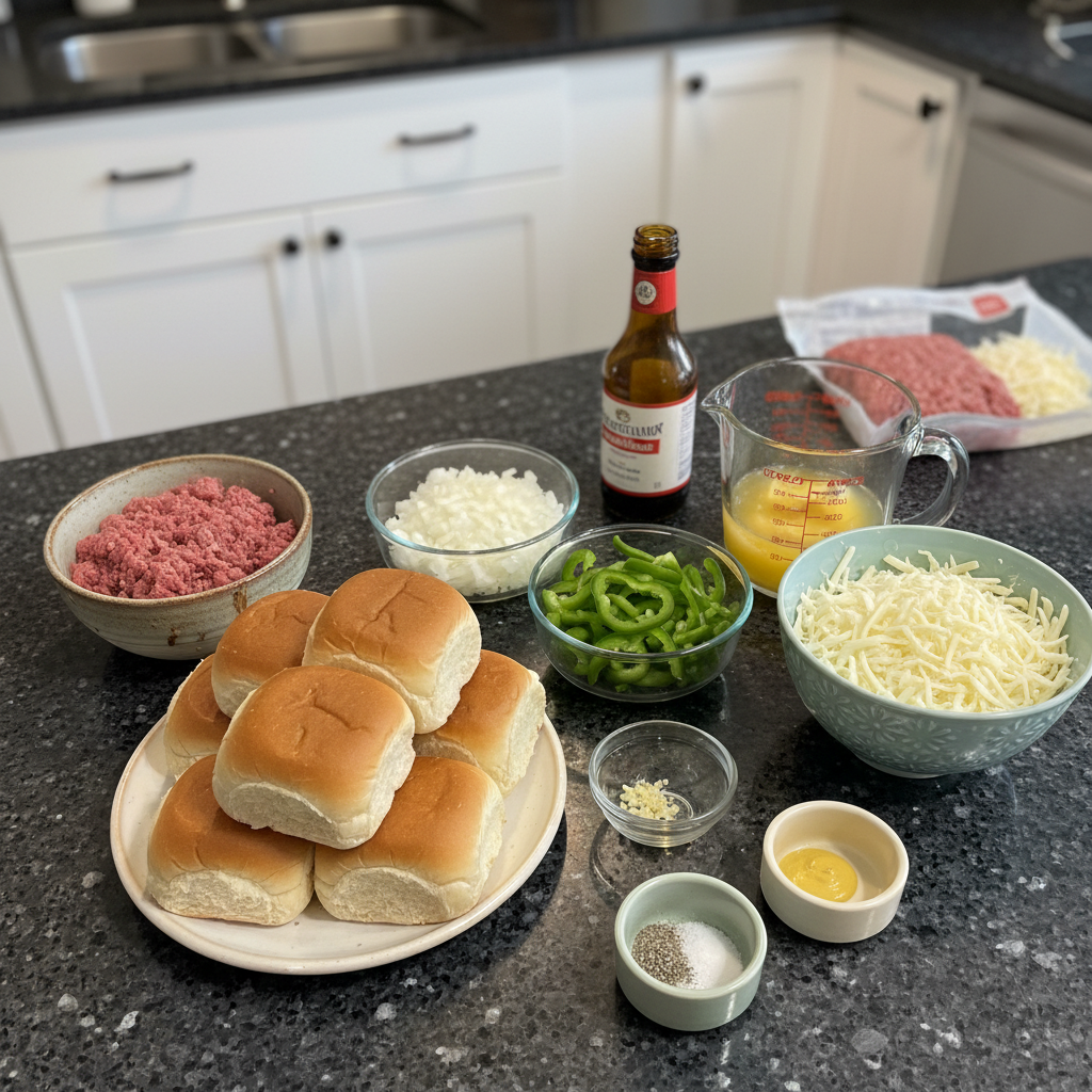 Ground beef and other ingredients for a homemade Philly cheesesteak.