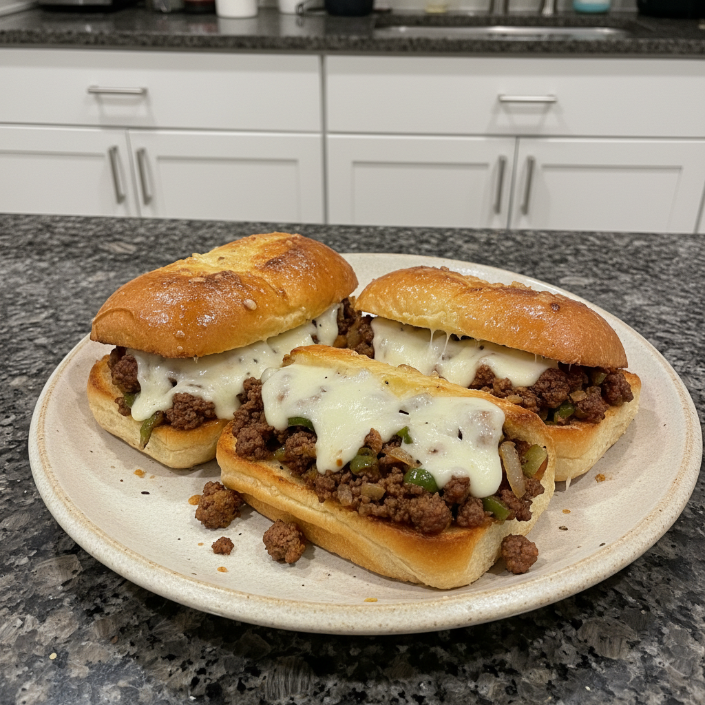 Juicy ground beef Philly cheesesteaks on toasted rolls, ready to eat.