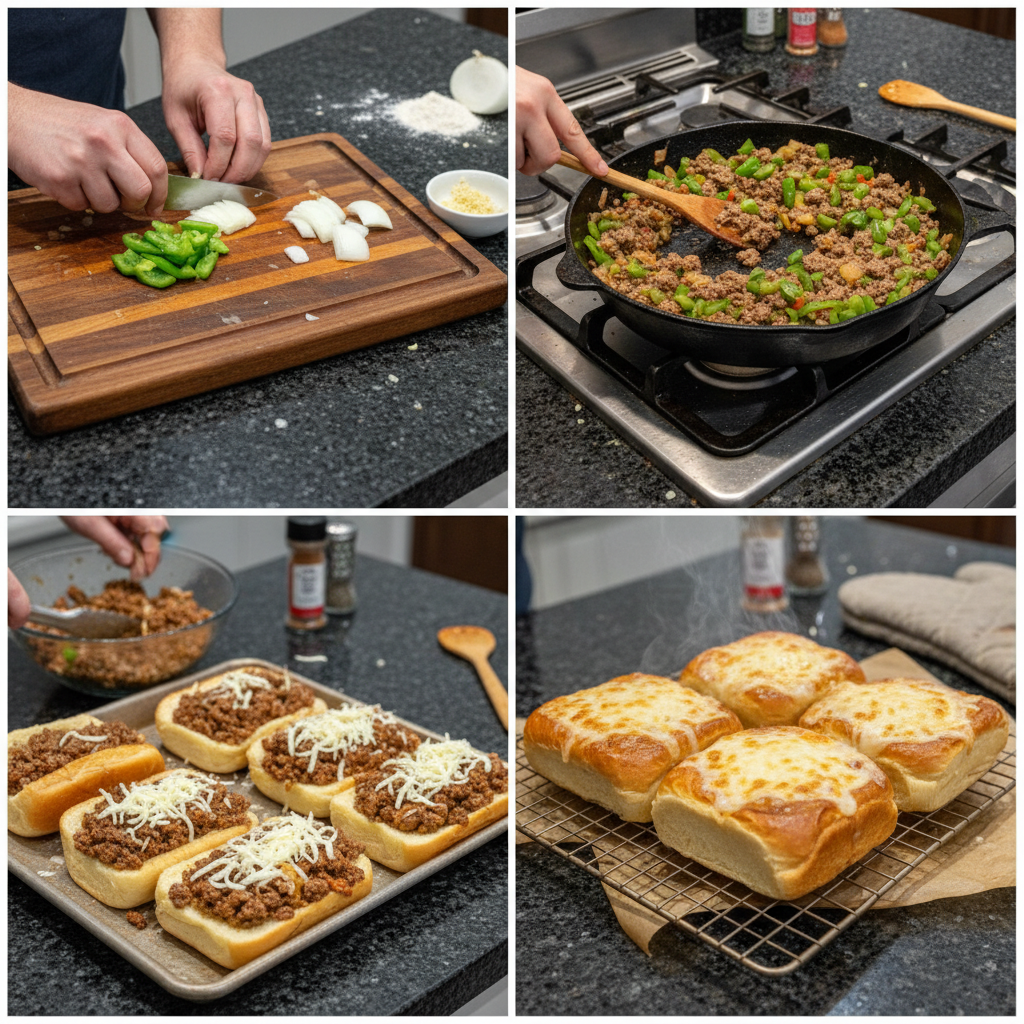 Preparing ground beef Philly cheesesteaks on a griddle.