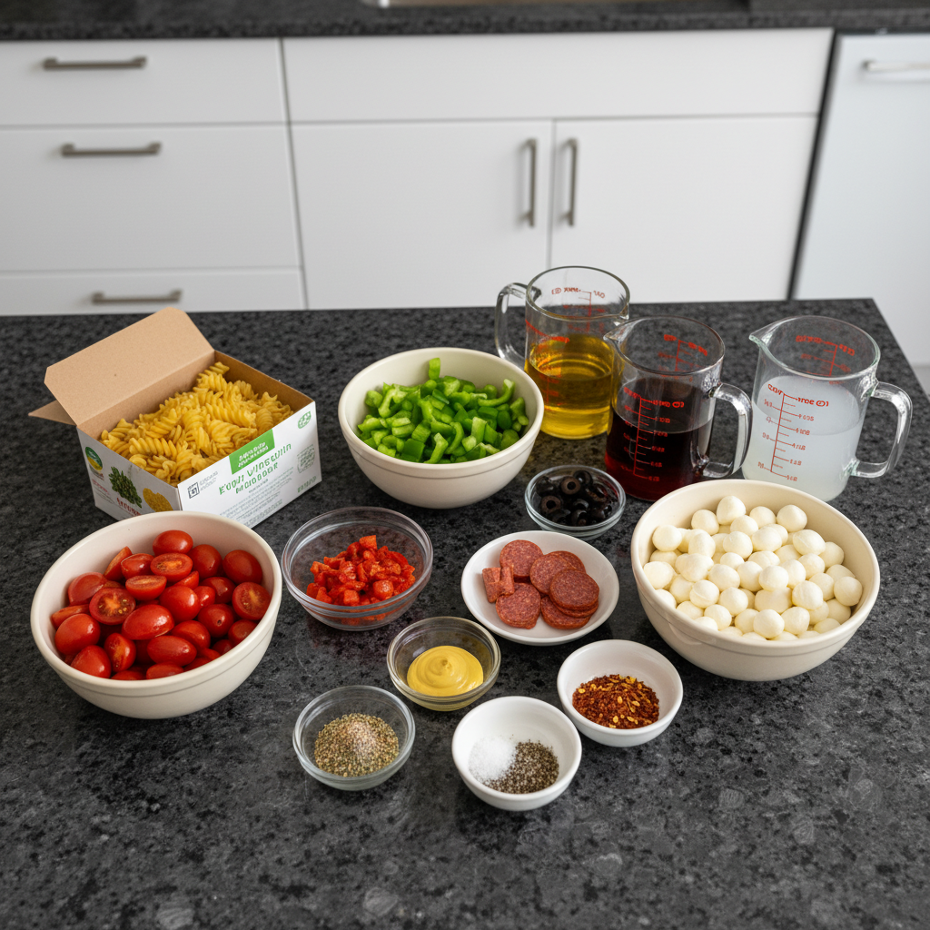 Fresh ingredients for healthy pasta salad dressing on a wooden table.