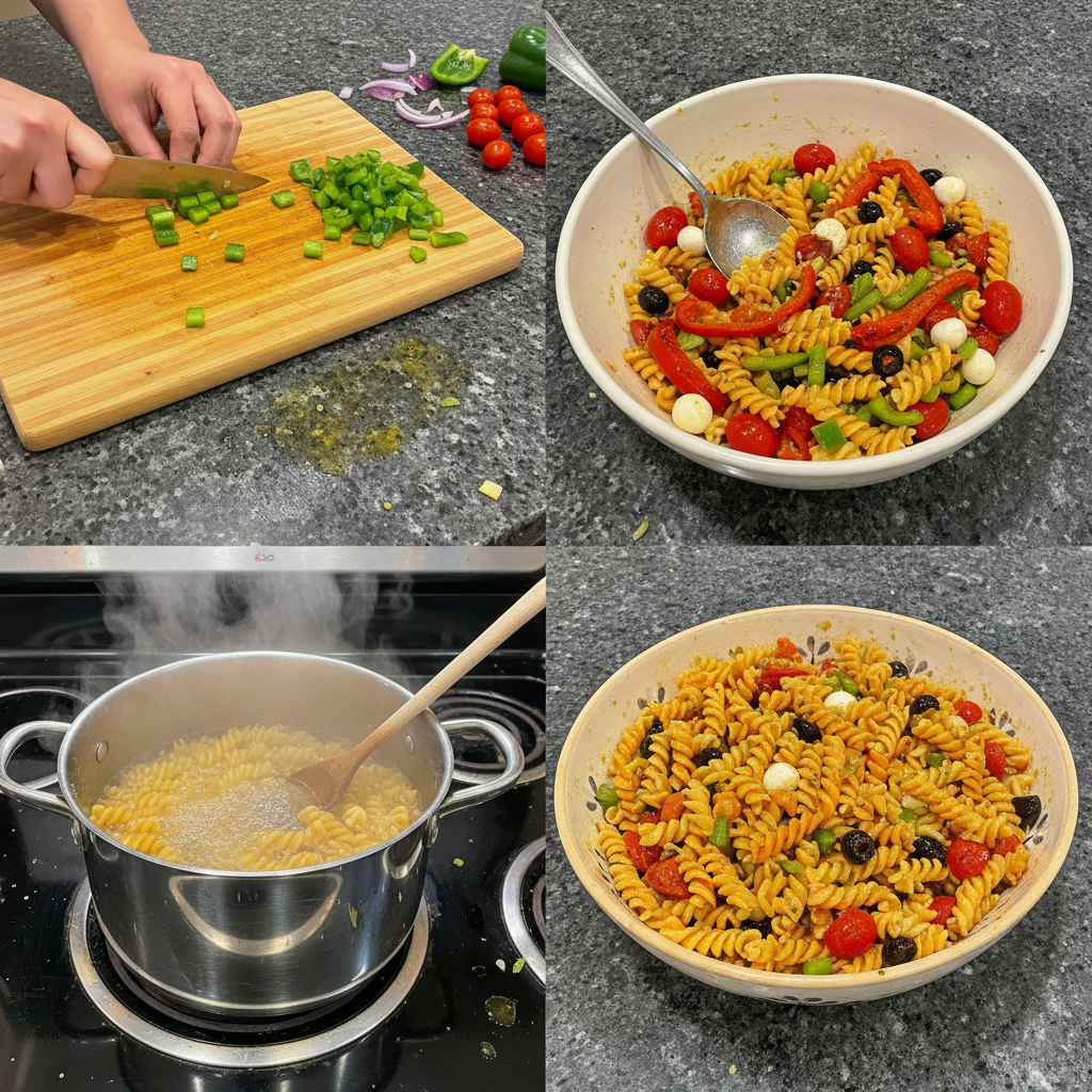 Mixing healthy pasta salad dressing ingredients in a glass bowl.