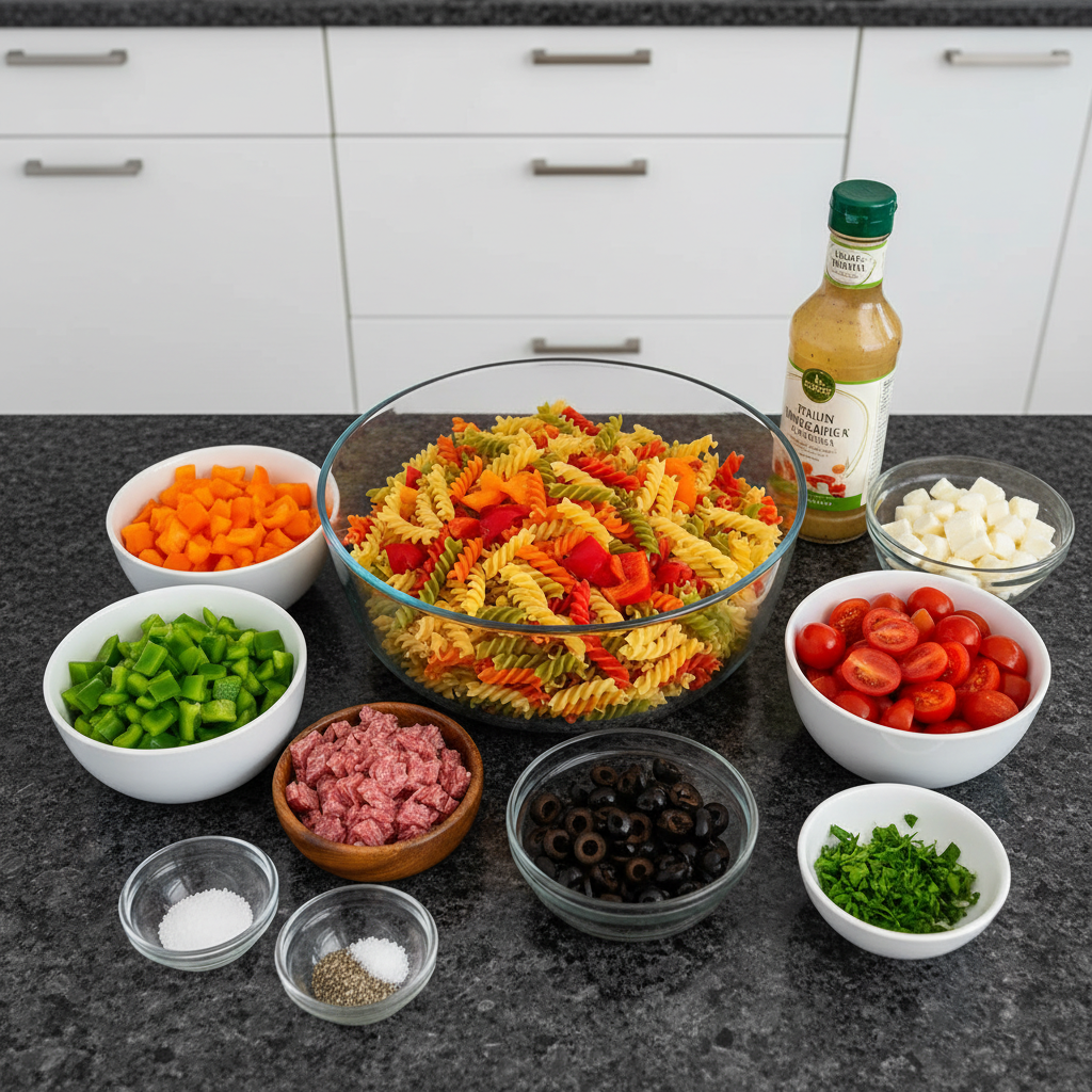 Fresh ingredients for making Italian pasta salad, including pasta, tomatoes, olives, and herbs.