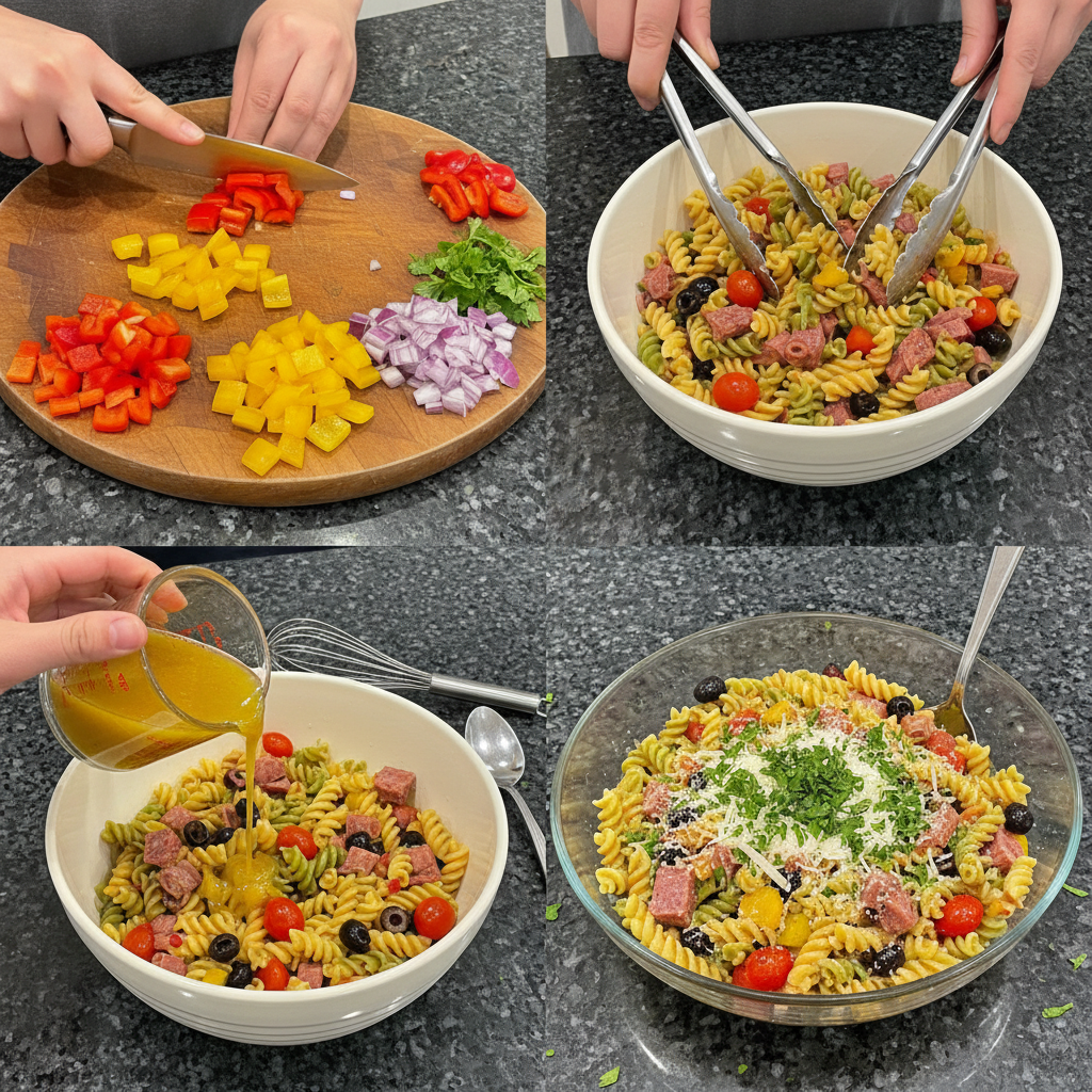 Step-by-step preparation of Italian pasta salad, showing the mixing of ingredients.
