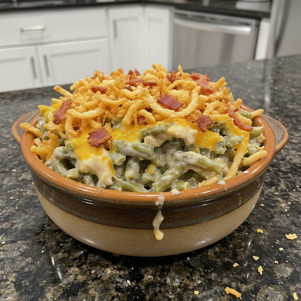 Delicious loaded green bean casserole ready to serve