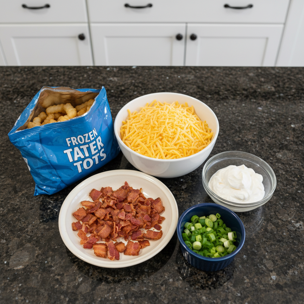 Ingredients for making loaded tater tot appetizers recipe.