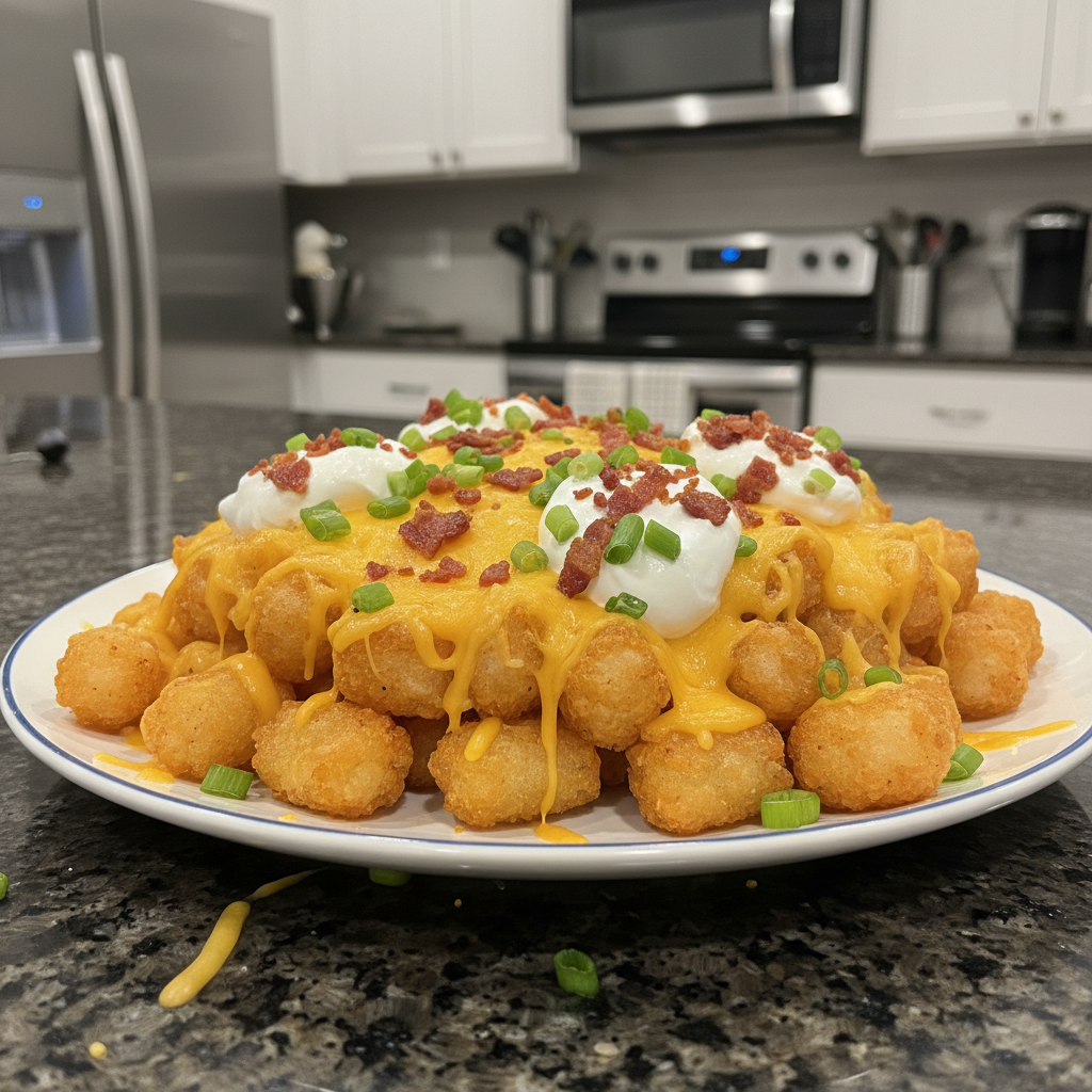 Crispy loaded tater tot appetizers, piled high with toppings.