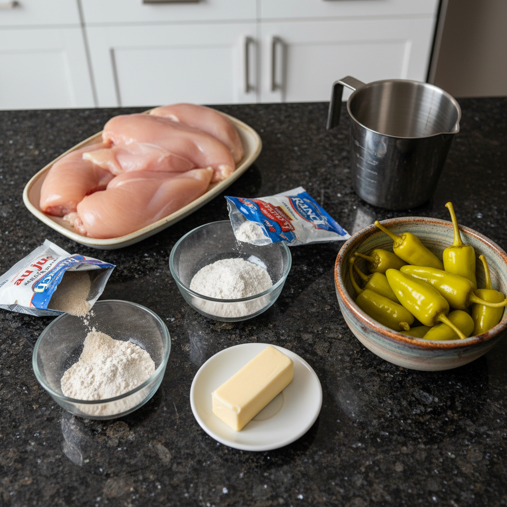 Mississippi chicken ingredients like chicken, ranch dressing, au jus gravy, butter, and pepperoncini peppers.