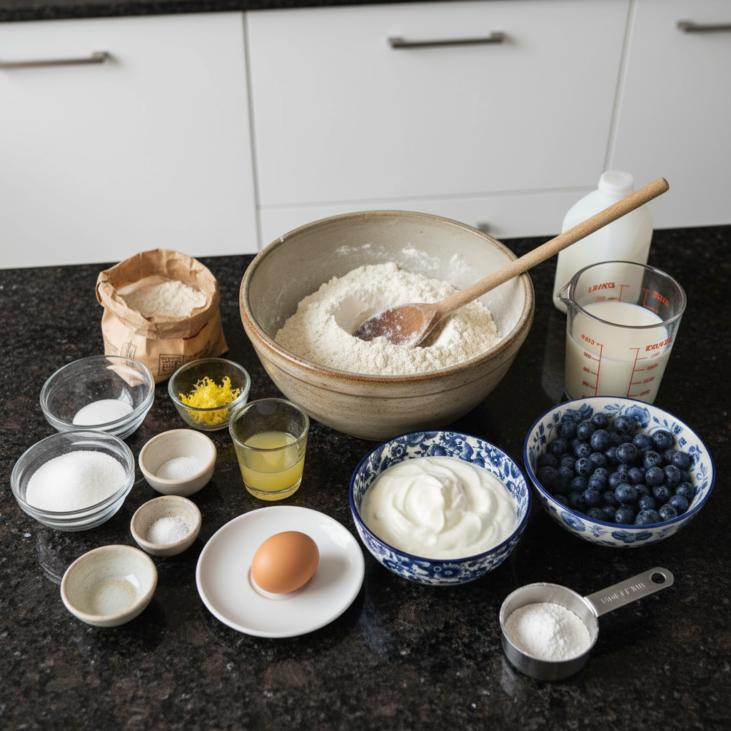 Ingredients for one bowl lemon blueberry cake recipe: flour, lemon, blueberries.