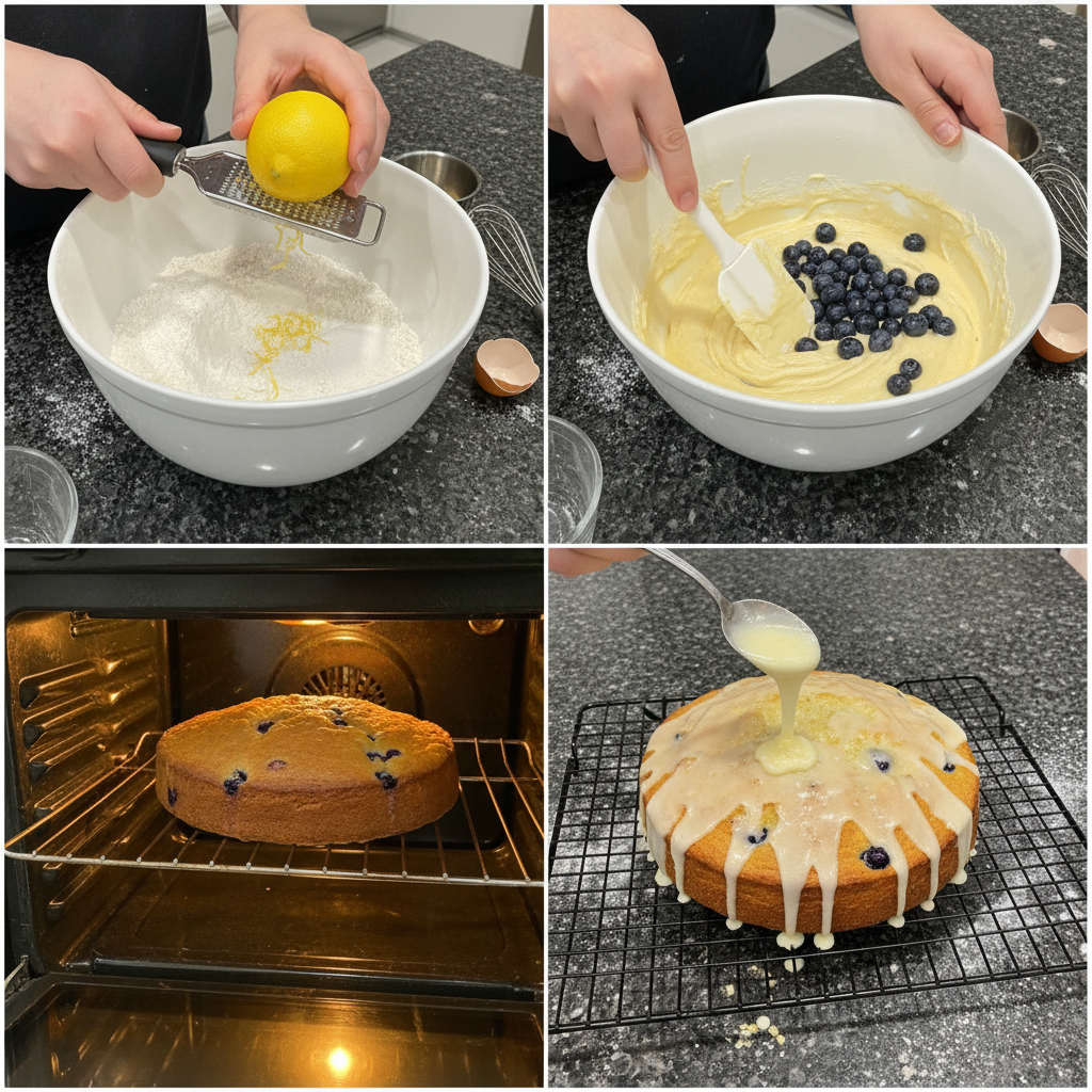 Mixing batter for the one bowl lemon blueberry cake recipe.