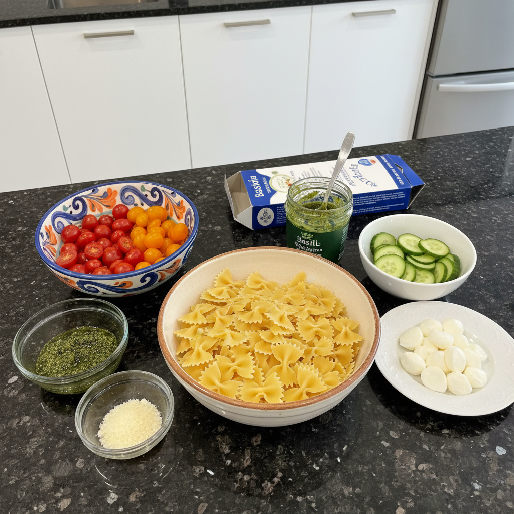 Fresh ingredients for pesto pasta salad recipe, including basil, pasta, and pine nuts.