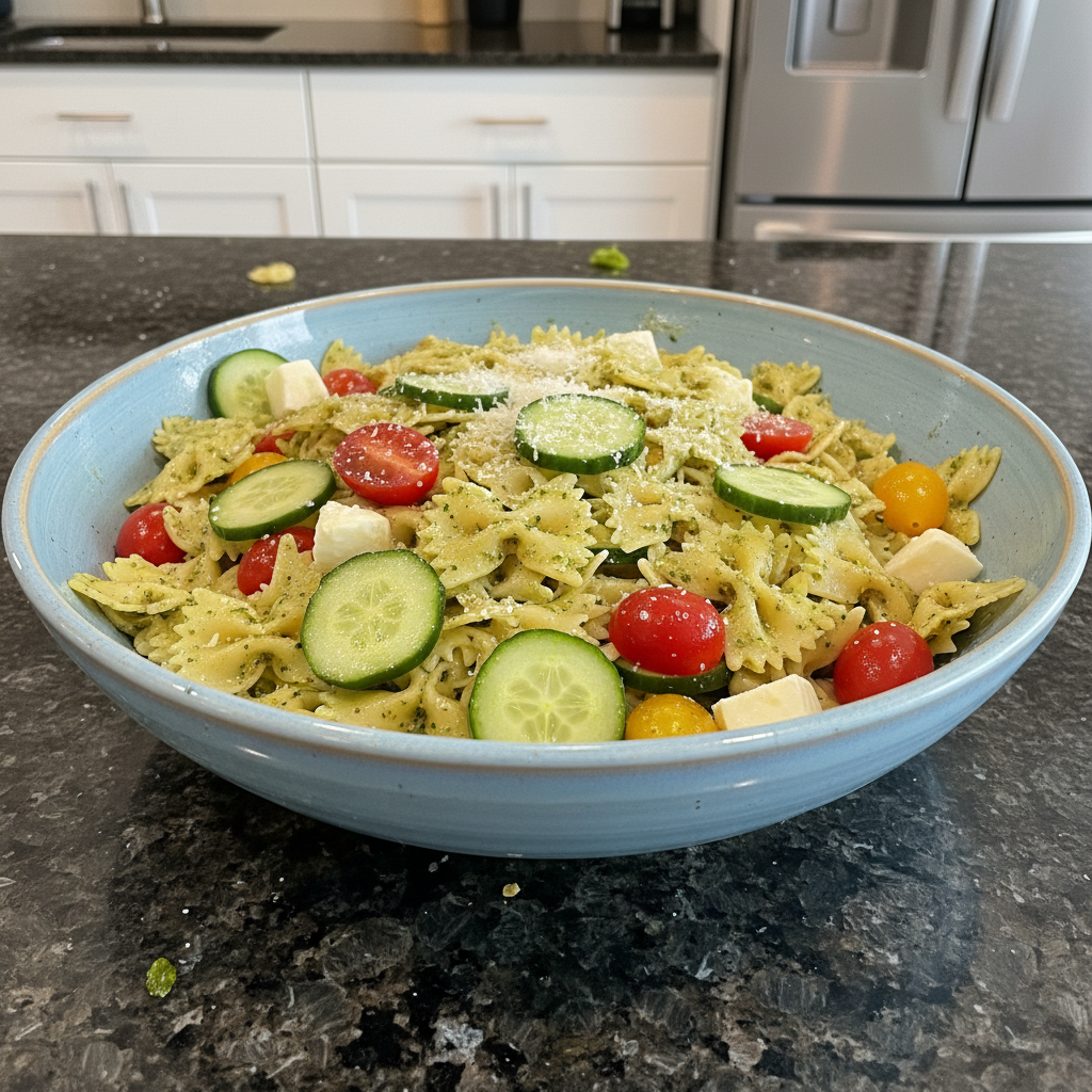 Delicious pesto pasta salad with vibrant green pesto, tomatoes, and parmesan.