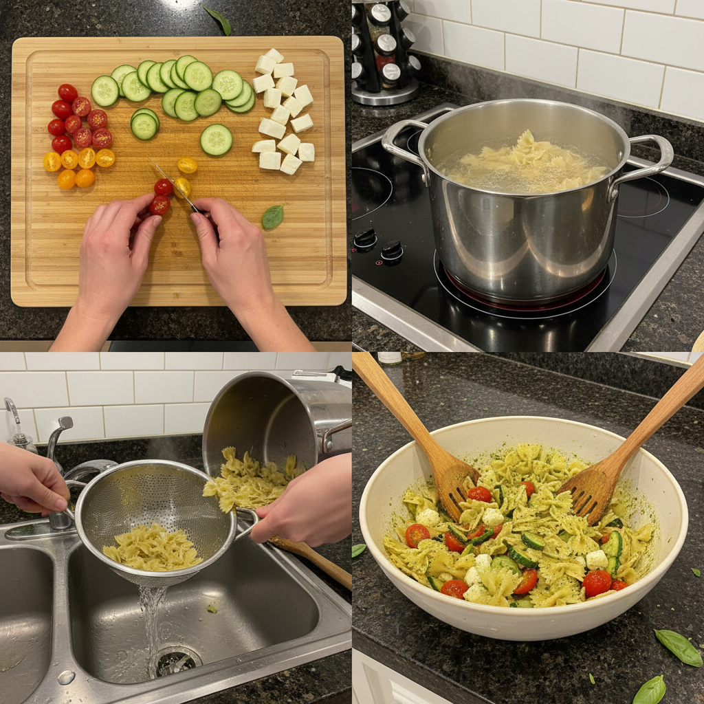 Preparing pesto pasta salad: mixing pesto with cooked pasta.