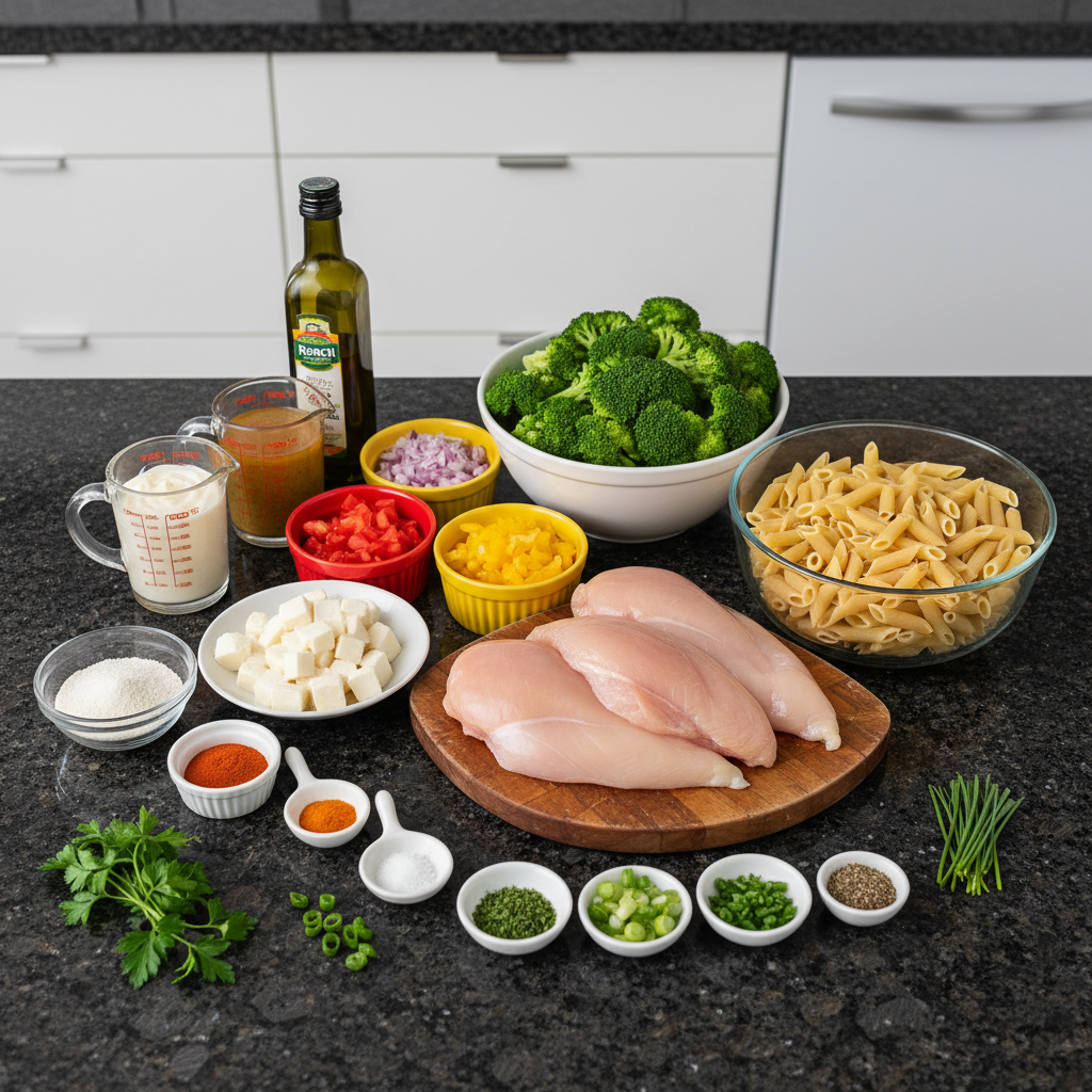 Ranch pasta salad ingredients: pasta, ranch dressing, and fresh veggies.