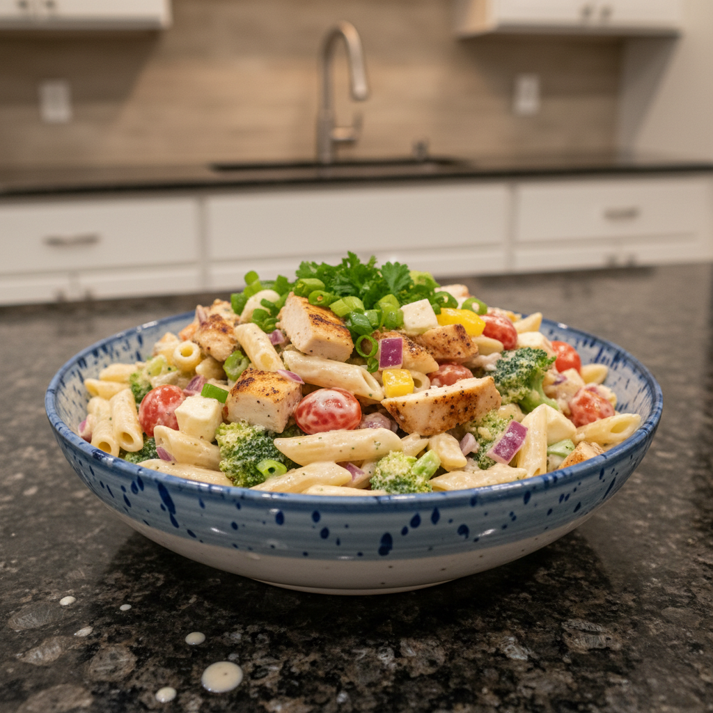Creamy ranch pasta salad with colorful vegetables, a delicious summer side dish.