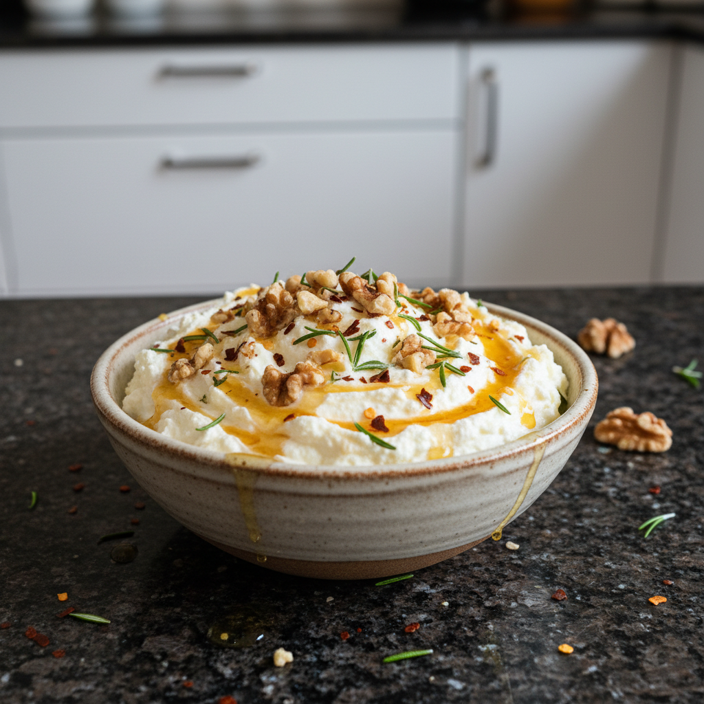 Creamy ricotta dip with hot honey drizzled over the top, ready to serve.