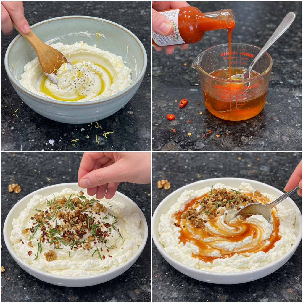 Mixing ricotta dip with hot honey ingredients until smooth and creamy.
