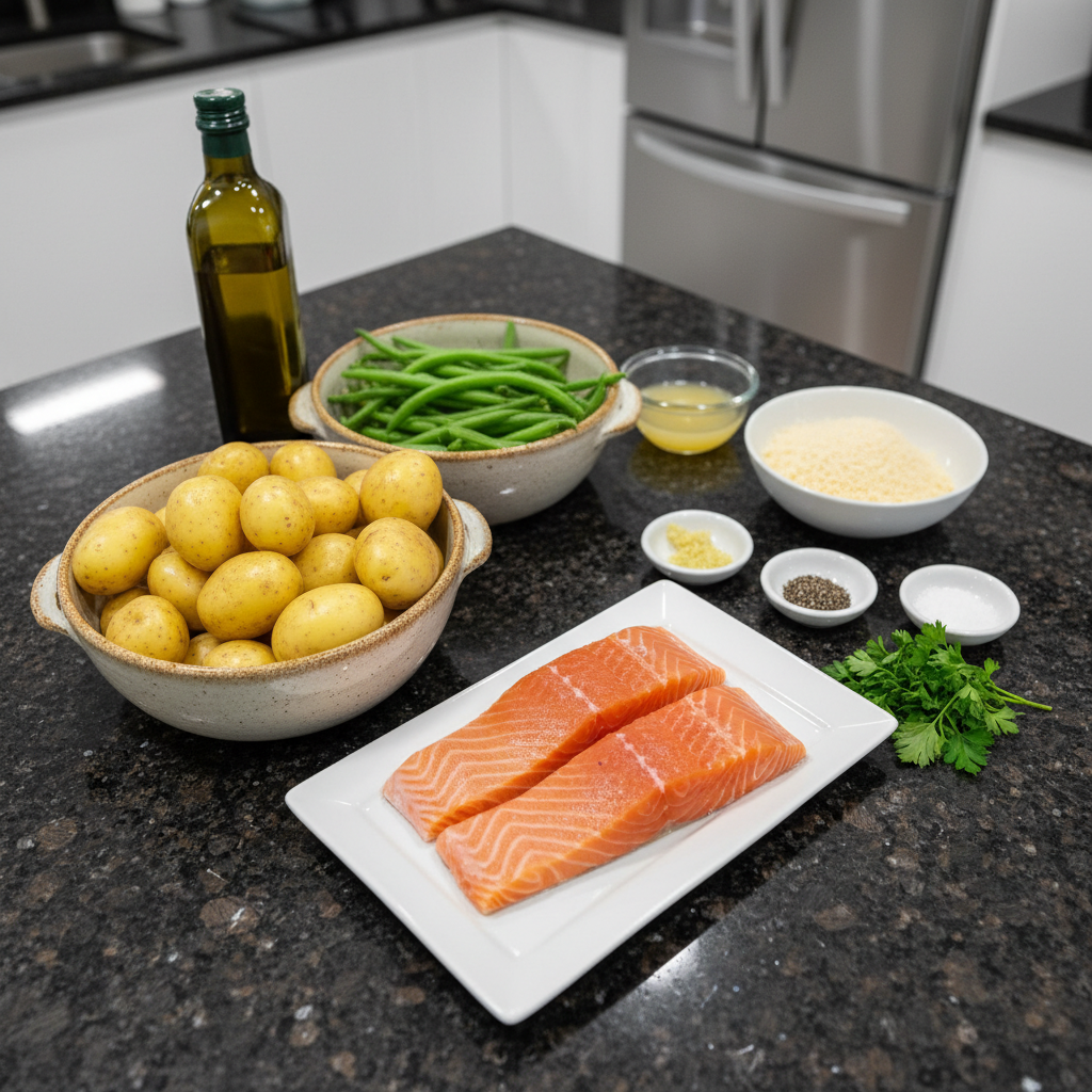 Fresh ingredients for sheet pan lemon garlic salmon recipe.