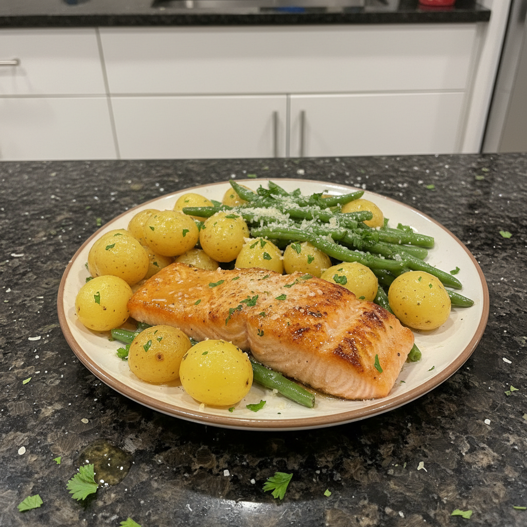 Golden sheet pan lemon garlic salmon fresh from the oven, ready to serve.
