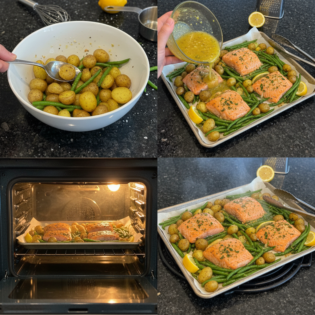Preparing sheet pan lemon garlic salmon on baking sheet.