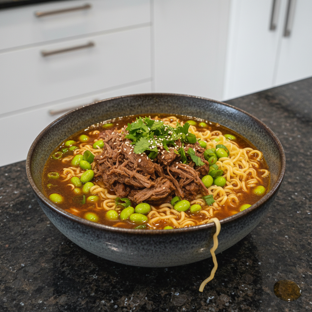 A hearty bowl of slow cooker beef ramen with vibrant green onions and a soft boiled egg.