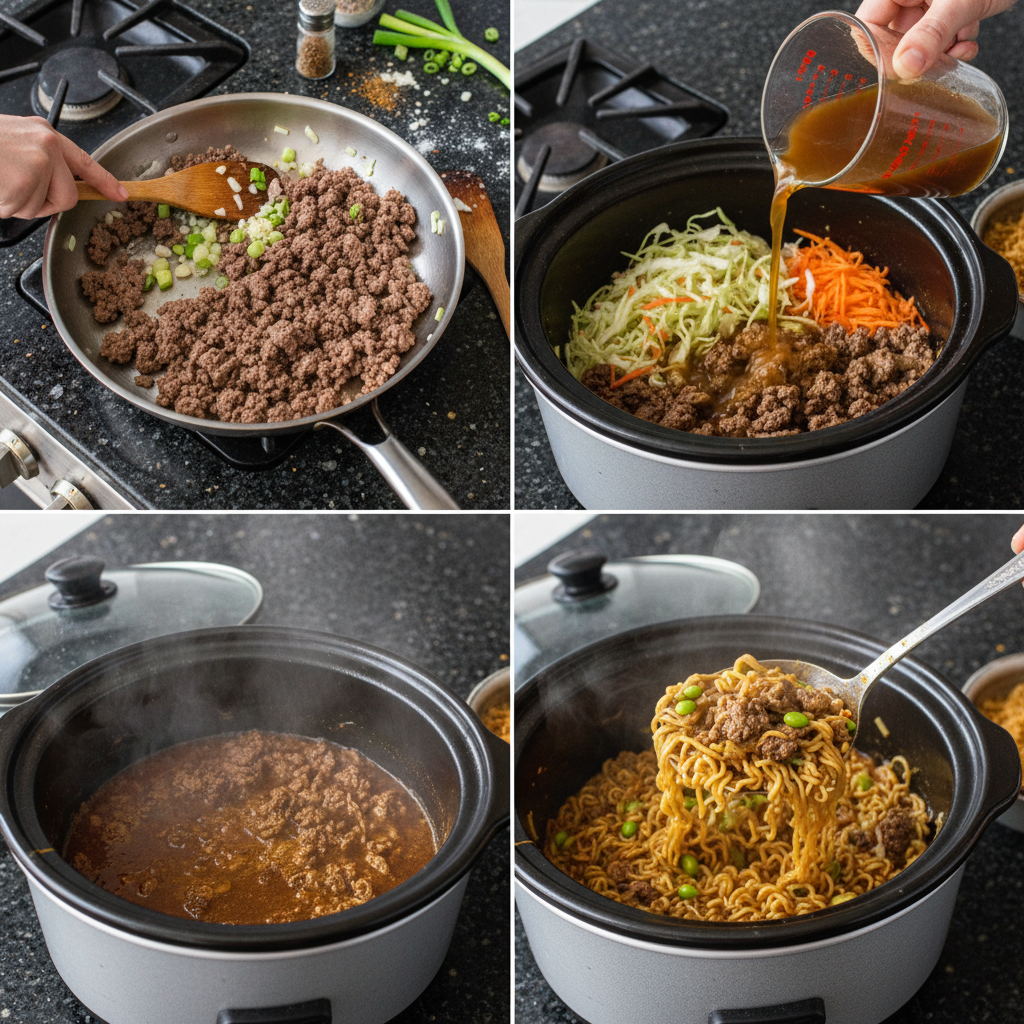 Step-by-step instructions for preparing slow cooker beef ramen in a slow cooker pot.