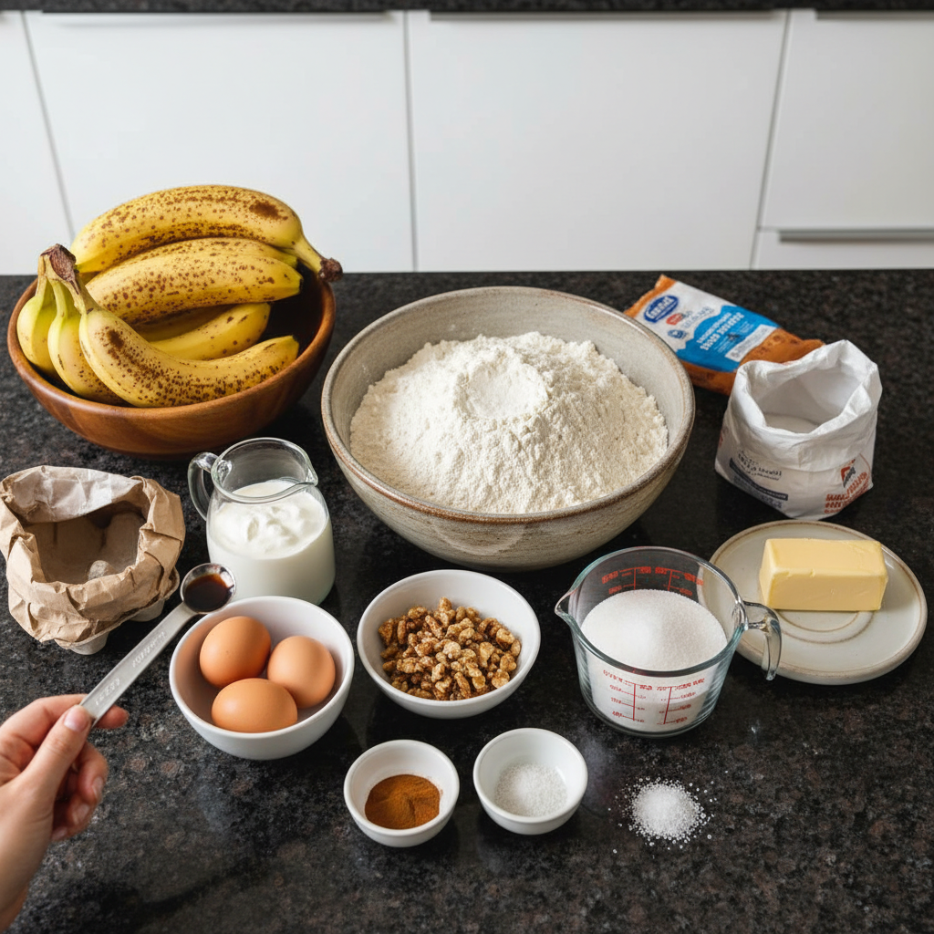 Ingredients for sour cream banana bread, including bananas, flour, and sour cream.
