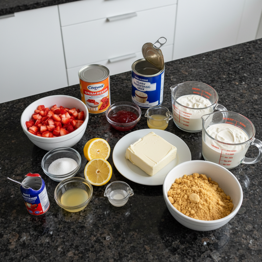 Ingredients for strawberry shortcake ice cream recipe, including fresh strawberries.