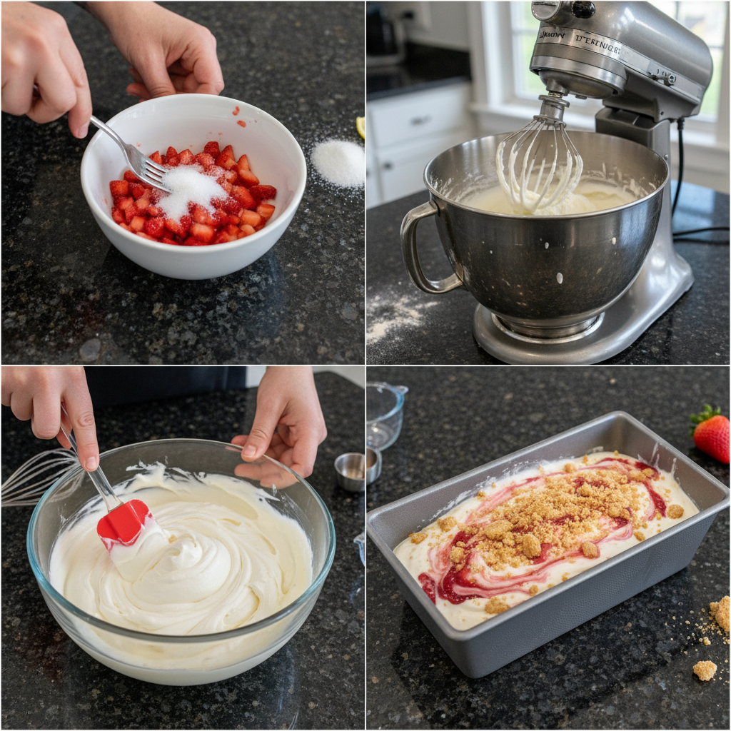 Step-by-step preparation of homemade strawberry shortcake ice cream.