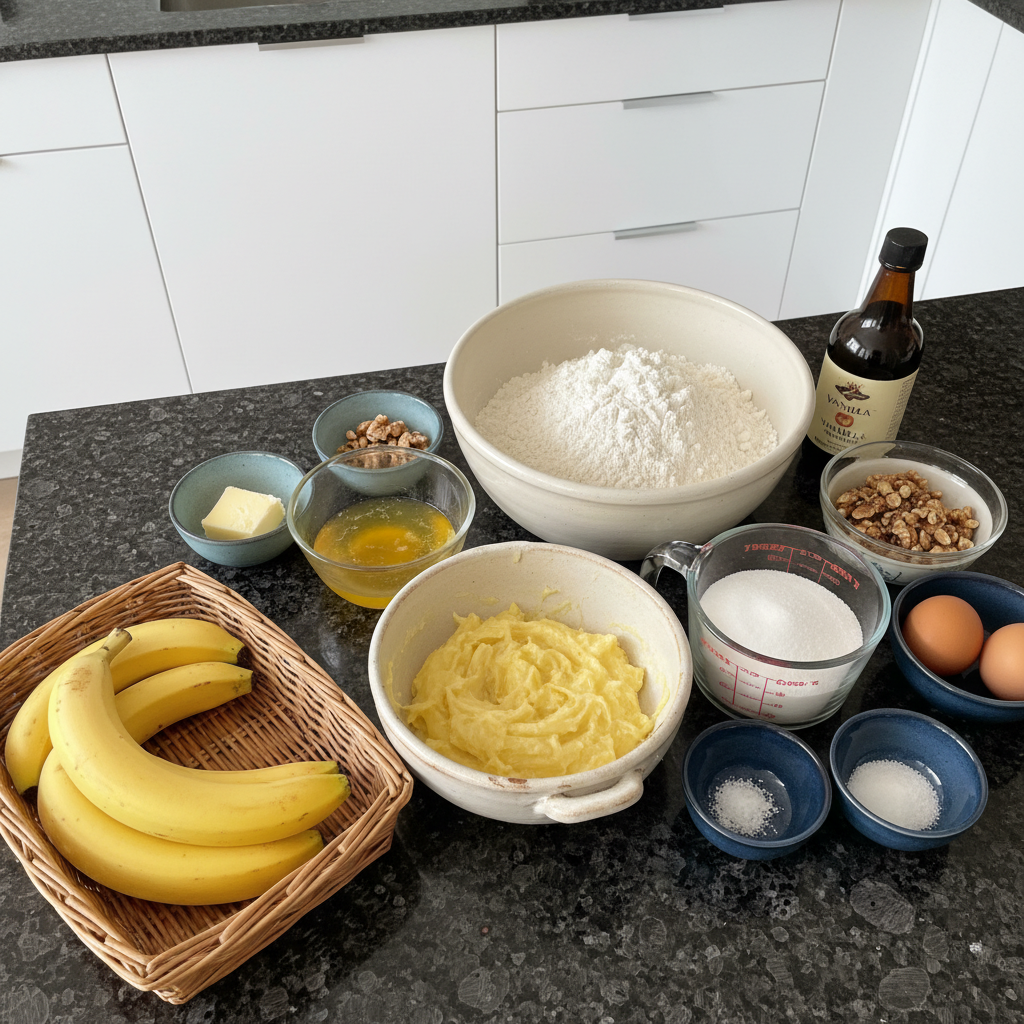 Ingredients for super moist banana bread including bananas, flour, and spices.